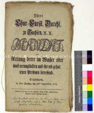 Annex zum Mandat von Friedrich August III. Kurfürst von Sachsen mit zu treffenden Wiederbelebungs- oder behördlichen Maßnahmen für Ertrunkene oder für tot gehaltene Personen