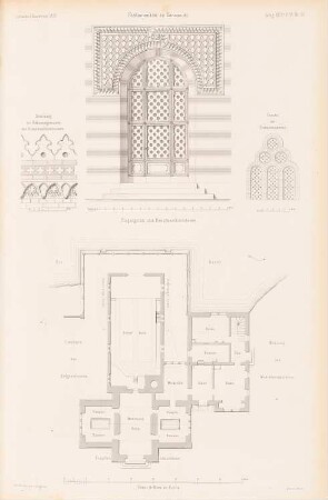 Fontainenbau in Sanssouci, Potsdam: Dampfmaschinenhaus: Ansicht der Eingangstür, Erdgeschossgrundriss, Fassadendetails (aus: Atlas zur Zeitschrift für Bauwesen, hrsg. v. G. Erbkam, Jg. 3, 1853)