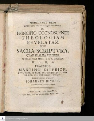 Dispvtatio Prima Eaqve Periodica De Principio Cognoscendi Theologiam Revelatam Sive Sacra Scriptvra