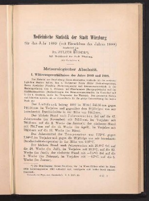 Medicinische Statistik der Stadt Würzburg für das Jahr 1889 (mit Einschluss des Jahres 1888)