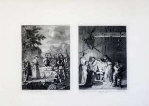 Zwei Grafiken "The Funeral of Chrystom & Marcella vindicating herself" und "The Innkeepers Wife & Daughter taking Care …"