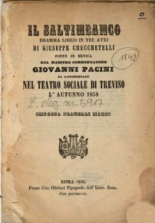 Il saltimbanco : dramma lirico in tre atti ; da rappresentarsi nel Teatro Sociale di Treviso l'autunno 1858