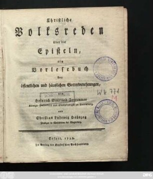 Christliche Volksreden über die Episteln : ein Vorlesebuch bey öffentlichen und häuslichen Gottesverehrungen