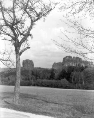 Sächsische Schweiz. Schrammsteine. Falkenstein und Hoher Torstein. Blick von der Ostrauer Ebenheit nach Osten über den Zahnsgrund