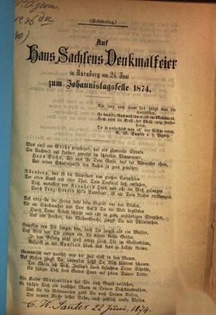 Auf Hans Sachsens Denkmalfeier in Nürnberg am 24. Juni zum Johannistagsfeste 1874