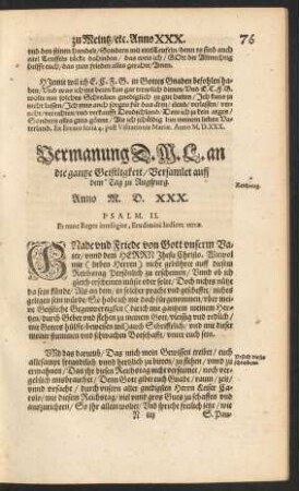 Vermanung D. M. L. an die gantze Geistligkeit ...