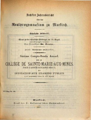 Jahresbericht über das Realprogymnasium zu Markirch : Schuljahr ..., 6. 1876/77
