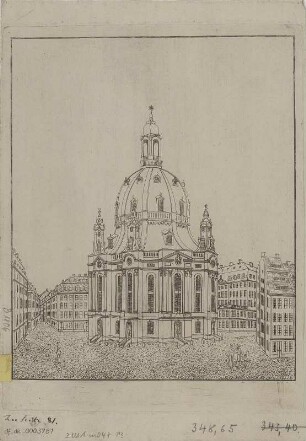 Ansicht der Frauenkirche in Dresden, Kupferstich, um 1800 : [Ansicht der Frauenkirche in Dresden] - [S.l.] , [um 1800]. - 1 Kunstbl. : Kupferst. ; 18 x 22 cm
