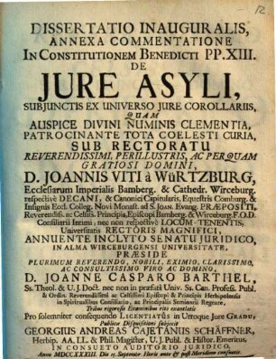 Dissertatio inauguralis, Annexa Commentatione In Constitutionem Benedicti PP. XIII. De Jure Asyli : Subjunctis Ex Universo Jure Corollariis