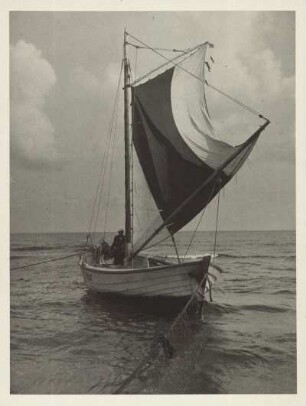 Ostsee. Bei Ahlbeck. Ein Zeesenboot wird für den Törn fertig gemacht. Das Segel ist gesetzt.