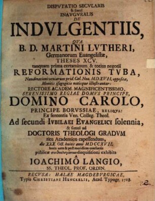 Disp. secularis & simul inaug. de indulgentiis