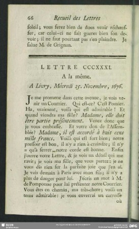 Lettre CCCXXXI. A la même. A Livry, Mécredi 25. Novembre, 1676