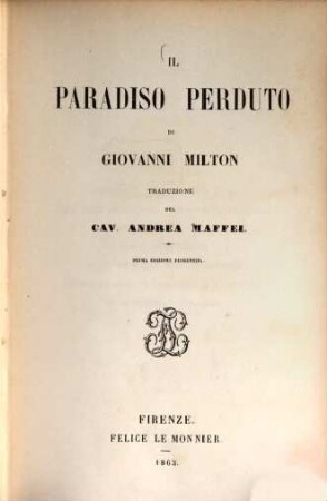 Il Paradiso perduto, traduzione del Cav. Andrea Maffei