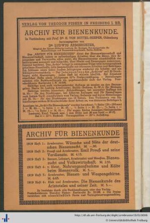 Information zum Archiv Für Bienenkunde.