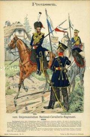 Uniformdarstellung, Elite-Reiter und Kavalleristen des Ostpreußischen National-Kavallerie-Regiments, Königreich Preußen, 1813.