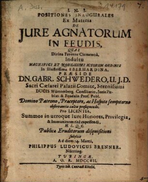 Positiones Inaugurales Ex Materia De Iure Agnatorum In Feudis