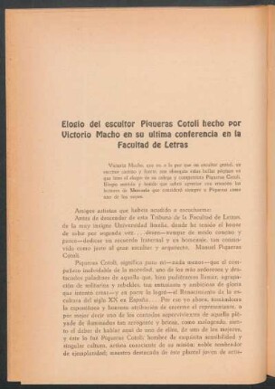 Elogio del escultor Piqueras Cotolí