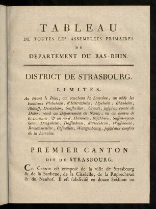 19-78, Tableau de toutes les assemblées primaires du Département du Bas-Rhin.