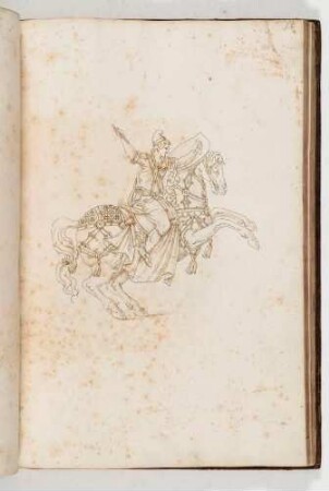 Reiter mit Schild und Stab auf einem springenden Pferd, in: Equestrium statuarum [...] formae [...] artificiosissime pictis, Bl. 57
