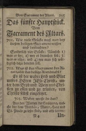Das fünfte Hauptstück. Vom Sacrament des Altars.