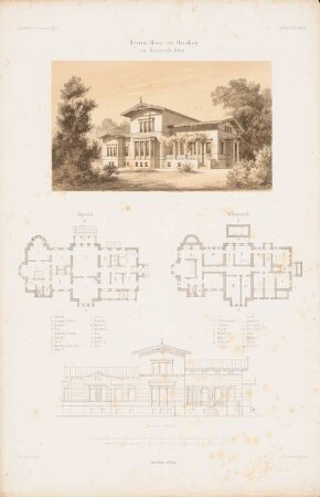 Herrenhaus, Ozorkow: Grundriss Keller, EG, Perspektivische Ansicht, Ansicht (aus: Atlas zur Zeitschrift für Bauwesen, hrsg. v. G. Erbkam, Jg. 7, 1857)