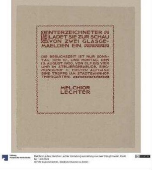 Melchior Lechter. Einladung Ausstellung von zwei Glasgemälden
