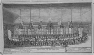 Residenzschloss Dresden, Ostflügel, Ansicht des Riesensaales nach dem Wiederaufbau, Stich, nach 1719