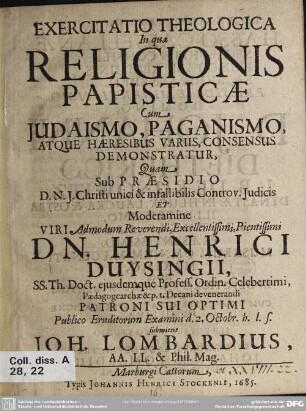Exercitatio theologica in qua religionis papisticae cum judaismo, paganismo ...