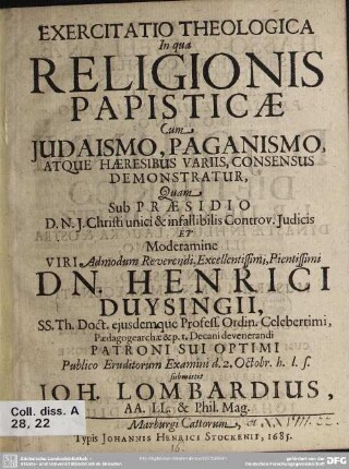 Exercitatio theologica in qua religionis papisticae cum judaismo, paganismo ...
