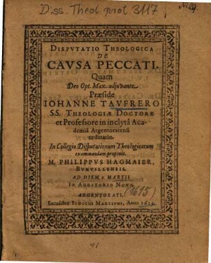 Dispvtatio Theologica De Cavsa Peccati