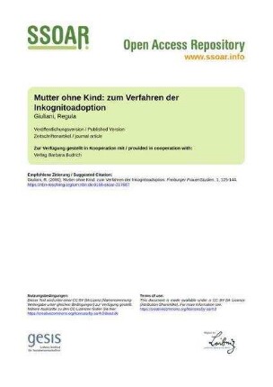 Mutter ohne Kind: zum Verfahren der Inkognitoadoption