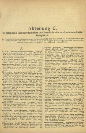 Abteilung C. Eingetragene Genossenschaften mit beschränkter und unbeschränkter Haftpflicht