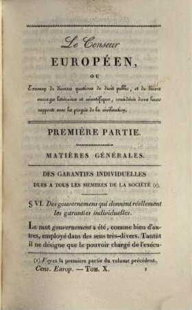 Le censeur européen, ou examen de diverses questions de droit public, et de divers ouvrages littéraires et scientifiques, considérés dans leurs rapports avec les progrès de la civilisation. 10