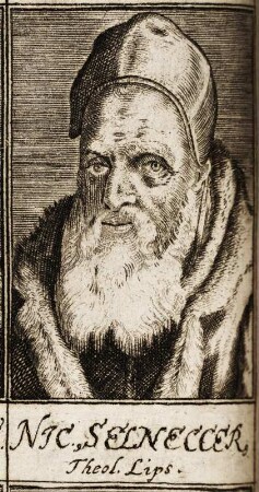 Nic. Selneccer, Theol. Lips. (Nikolaus Selnecker) : Nic. Selneccer, Theol. Lips. (Nikolaus Selnecker 1530-1592, evangelischerTheologe)Tafel nach S. 272, Ausschnitt aus:Freher, Paul: D. Pauli Freheri ... Theatrum Virorum Eruditione Clarorum : In quo Vitae & Scripta Theologorum, Jureconsultorum, Medicorum & Philosophorum, Tam in Germania Superiore & Inferiore, quàm in aliis Europae Regionibus ... A Seculis Aliquot, Ad Haec Usque Tempora, Florentium, Secundum Annorum Emortalium Seriem, Tanquam Variis In Scenis Repraesentantur. Opus ... in quatuor partes divisum ... . Noribergae, 1688 Dresden: SLUB Biogr.erud.A.26