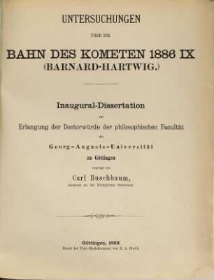 Untersuchungen über die Bahn des Kometen 1886 IX (Barnard-Hartwig)