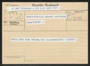 Brief von Gustaf  an Gerhart Hauptmann