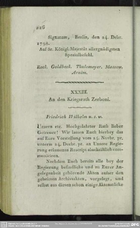 XXXIII. An den Kriegsrath Zerboni