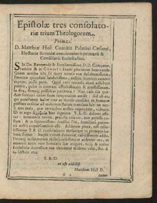 Epistolae tres consolatoriae trium Theologorum.