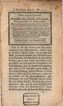 Magasin des modes nouvelles françaises et anglaises. 1787/88, 1787/88 = A. 3 = Cah. 1 - 36