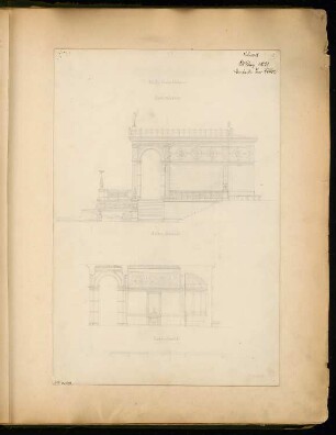 Gartenhaus Monatskonkurrenz März 1871: Aufriss Seitenansicht, Längsschnitt; Maßstabsleiste