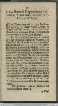 §. 24. Extract Deputations Protocols zu Franckfurth. Lunae den 17.7. Febr. Anno 1659