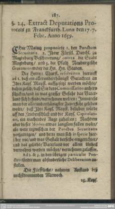 §. 24. Extract Deputations Protocols zu Franckfurth. Lunae den 17.7. Febr. Anno 1659