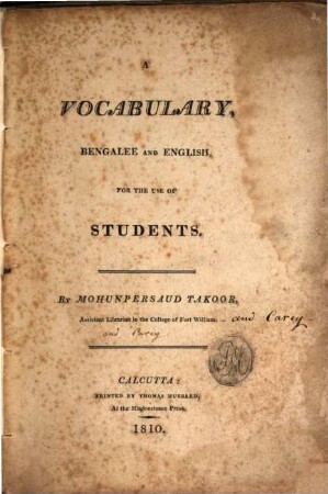 A vocabulary, Bengalee and English