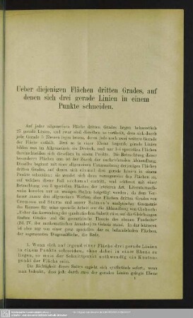 Ueber diejenigen Flächen dritten Grades, auf denen sich drei gerade Linien in einem Punkte schneiden