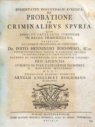 Dissertatio Inavgvralis Ivridica De Probatione In Criminalibvs Spvria