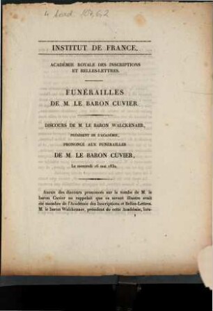 Funérailles de M. le Baron Cuvier. Discours de M. le Baron Walckenaer ... : le mercredi 16 mai 1832