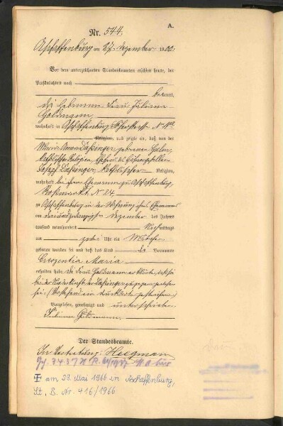 Standesamtsbuch der Stadt Aschaffenburg: Geburten 365/1900 - 184/1901