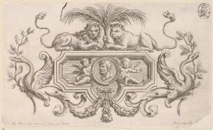 Vignette mit Bildnismedaillon, Löwen und Palme