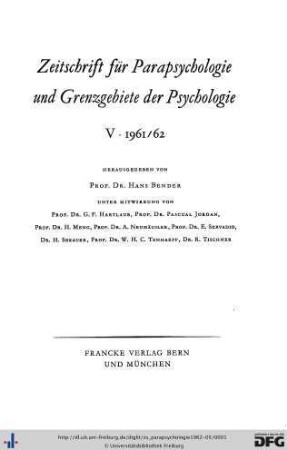 Band 5: Zeitschrift für Parapsychologie und Grenzgebiete der Psychologie