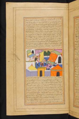 Illustration: Dārāb bedroht den Araberfürsten Šuʽaib in seinem Zeltlager